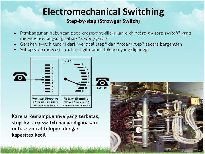 Electromechanical Switching Step-by-step (Strowger Switch) • Pembangunan hubungan pada crosspoint dilakukan oleh “step-by-step switch”