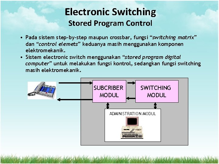 Electronic Switching Stored Program Control • Pada sistem step-by-step maupun crossbar, fungsi “switching matrix”