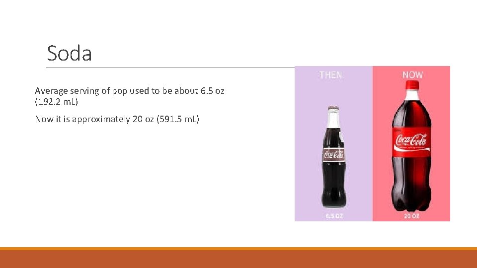 Soda Average serving of pop used to be about 6. 5 oz (192. 2