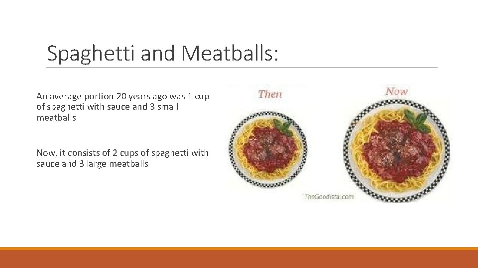 Spaghetti and Meatballs: An average portion 20 years ago was 1 cup of spaghetti