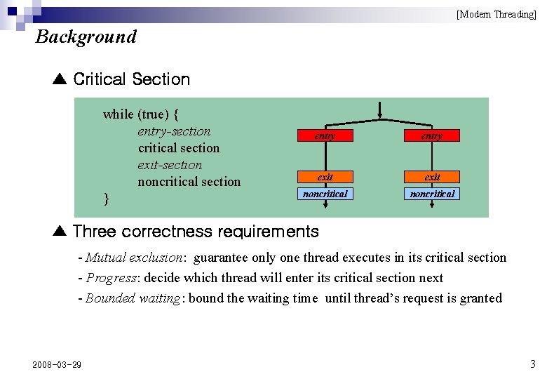 [Modern Threading] Background ▲ Critical Section while (true) { entry-section critical section exit-section noncritical