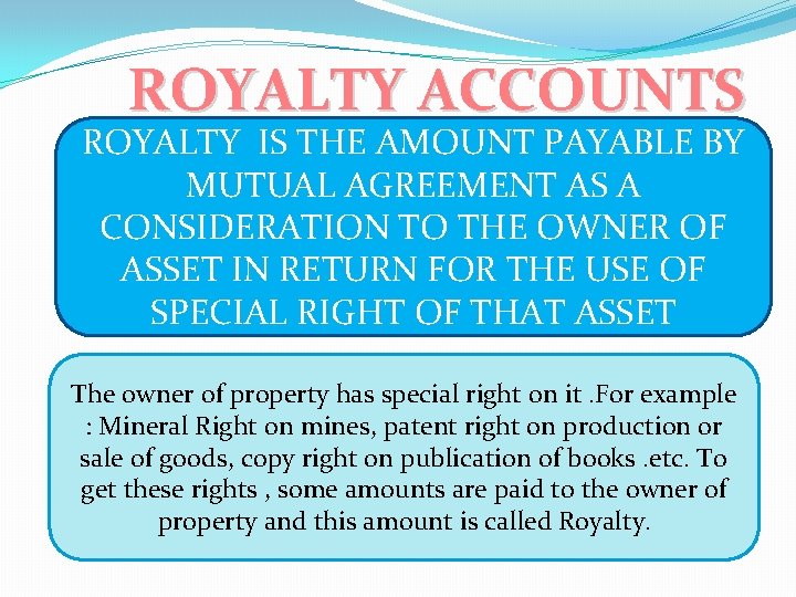 ROYALTY ACCOUNTS ROYALTY IS THE AMOUNT PAYABLE BY MUTUAL AGREEMENT AS A CONSIDERATION TO