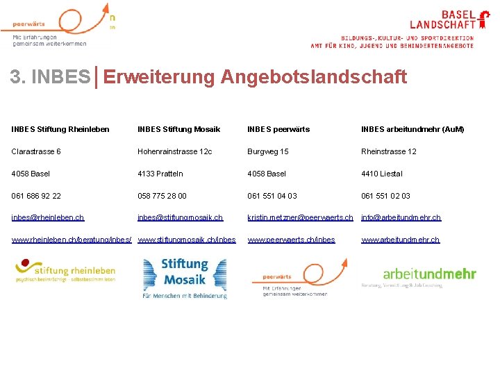 12 3. INBES│Erweiterung Angebotslandschaft INBES Stiftung Rheinleben INBES Stiftung Mosaik INBES peerwärts INBES arbeitundmehr