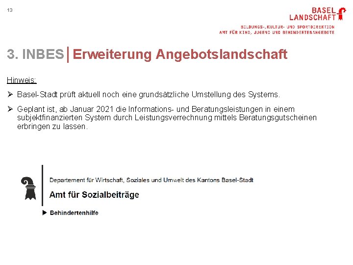 13 3. INBES│Erweiterung Angebotslandschaft Hinweis: Ø Basel-Stadt prüft aktuell noch eine grundsätzliche Umstellung des