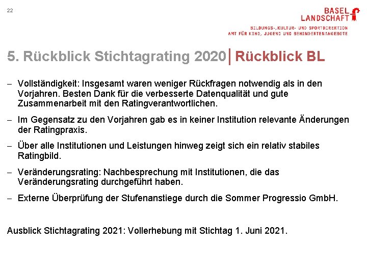 22 5. Rückblick Stichtagrating 2020│Rückblick BL - Vollständigkeit: Insgesamt waren weniger Rückfragen notwendig als