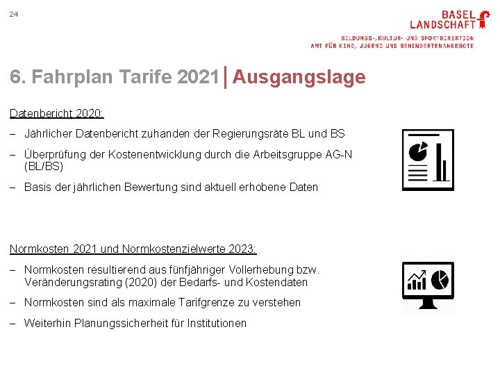 24 6. Fahrplan Tarife 2021│Ausgangslage Datenbericht 2020: - Jährlicher Datenbericht zuhanden der Regierungsräte BL