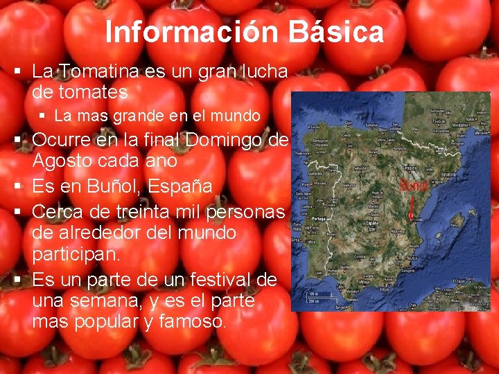 Información Básica § La Tomatina es un gran lucha de tomates § La mas