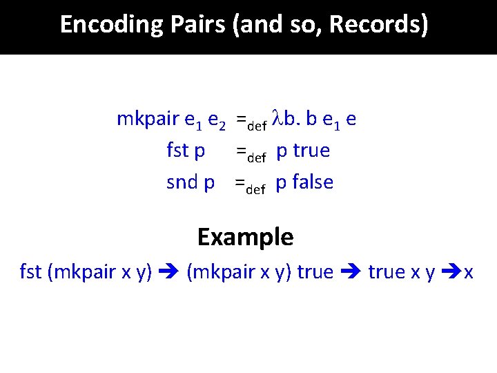 Encoding Pairs (and so, Records) mkpair e 1 e 2 =def b. b e