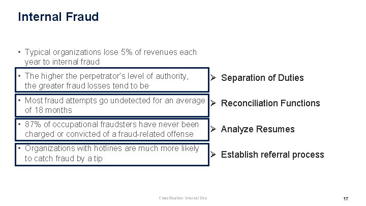 Internal Fraud • Typical organizations lose 5% of revenues each year to internal fraud