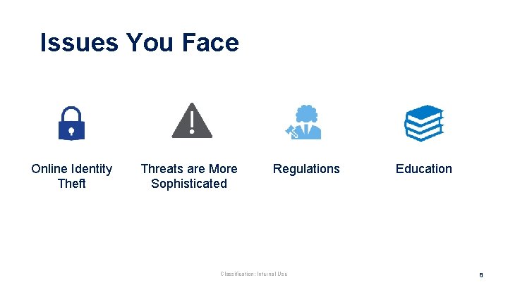 Issues You Face Online Identity Theft Threats are More Sophisticated Regulations Classification: Internal Use