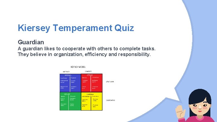 Kiersey Temperament Quiz Guardian A guardian likes to cooperate with others to complete tasks.