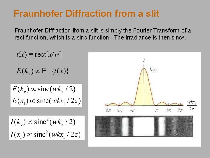 Fraunhofer Diffraction from a slit is simply the Fourier Transform of a rect function,