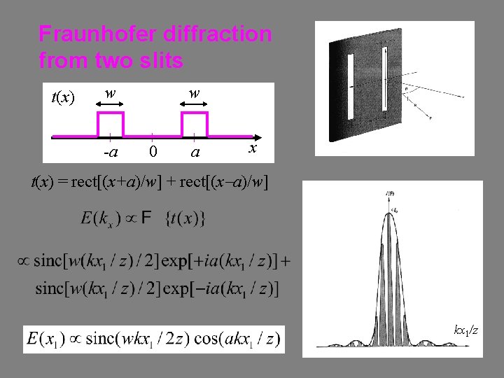 Fraunhofer diffraction from two slits t(x) w -a w 0 a x t(x) =