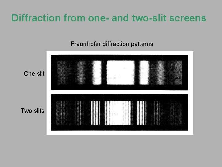 Diffraction from one- and two-slit screens Fraunhofer diffraction patterns One slit Two slits 