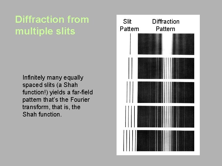 Diffraction from multiple slits Infinitely many equally spaced slits (a Shah function!) yields a