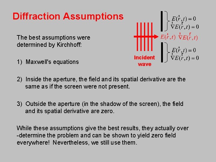 Diffraction Assumptions The best assumptions were determined by Kirchhoff: 1) Maxwell's equations Incident wave