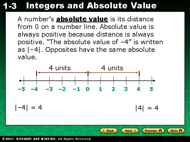 Integers and Absolute Value 1 -3 A number’s absolute value is its distance from