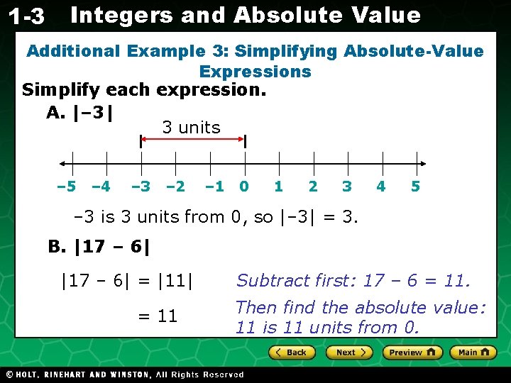 1 -3 Integers and Absolute Value Additional Example 3: Simplifying Absolute-Value Expressions Simplify each
