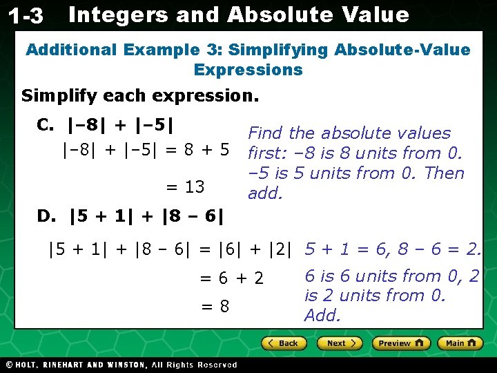 1 -3 Integers and Absolute Value Additional Example 3: Simplifying Absolute-Value Expressions Evaluating Algebraic