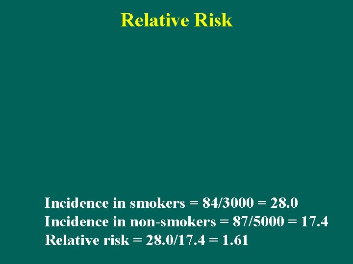 Relative Risk Incidence in smokers = 84/3000 = 28. 0 Incidence in non-smokers =