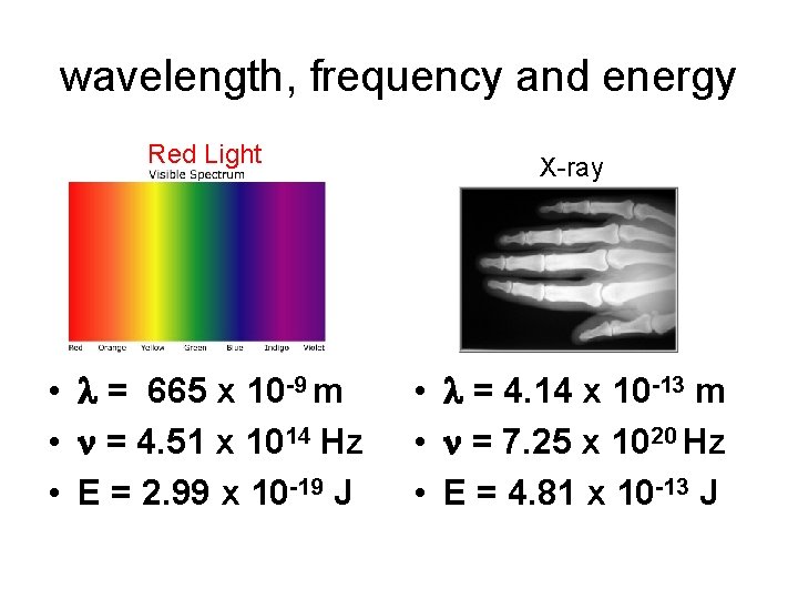 wavelength, frequency and energy Red Light • = 665 x 10 -9 m •