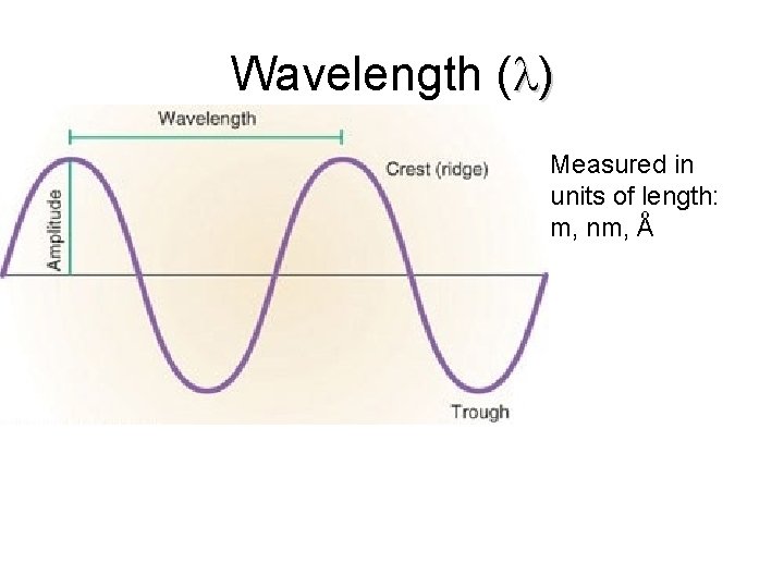 Wavelength ( ) Measured in units of length: m, nm, Aº 