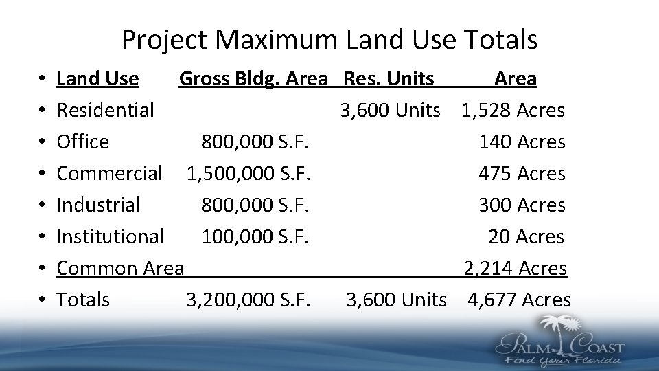 Project Maximum Land Use Totals • • Land Use Gross Bldg. Area Res. Units