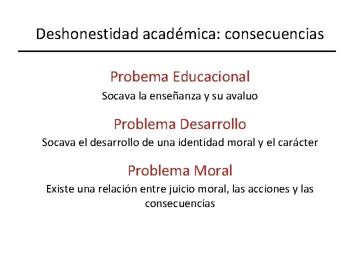 Deshonestidad académica: consecuencias Probema Educacional Socava la enseñanza y su avaluo Problema Desarrollo Socava