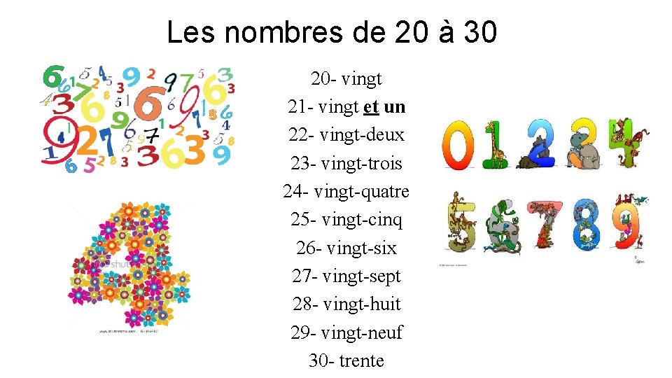 Les nombres de 20 à 30 20 - vingt 21 - vingt et un