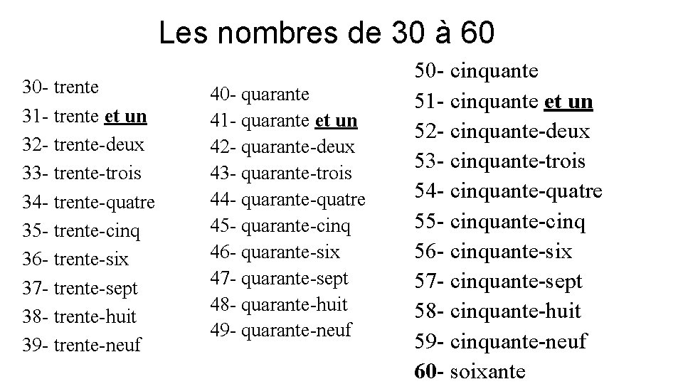 Les nombres de 30 à 60 30 - trente 31 - trente et un