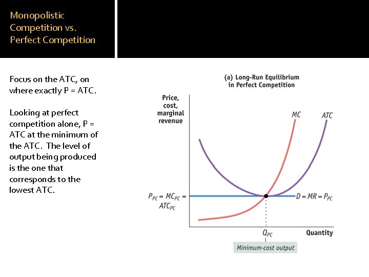 Monopolistic Competition vs. Perfect Competition Focus on the ATC, on where exactly P =