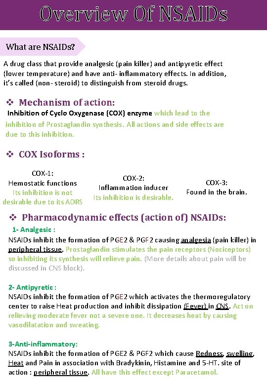 Overview Of NSAIDs What are NSAIDs? A drug class that provide analgesic (pain killer)