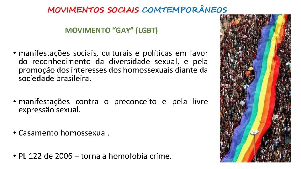 MOVIMENTOS SOCIAIS COMTEMPOR NEOS MOVIMENTO “GAY” (LGBT) • manifestações sociais, culturais e políticas em