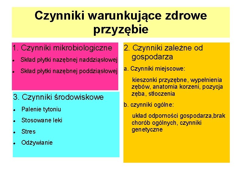 Czynniki warunkujące zdrowe przyzębie 1. Czynniki mikrobiologiczne Skład płytki nazębnej naddziąsłowej 2. Czynniki zależne