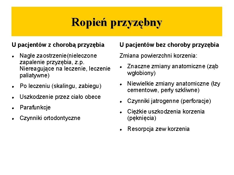 Ropień przyzębny U pacjentów z chorobą przyzębia U pacjentów bez choroby przyzębia Nagłe zaostrzenie(nieleczone