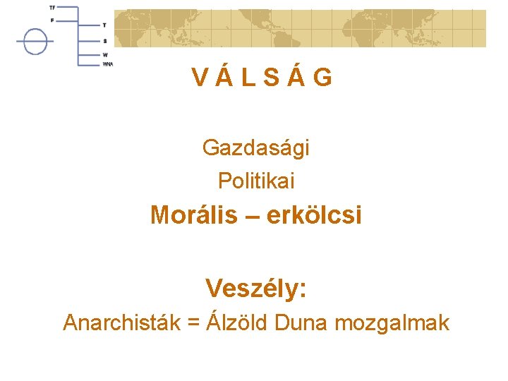 VÁLSÁG Gazdasági Politikai Morális – erkölcsi Veszély: Anarchisták = Álzöld Duna mozgalmak 