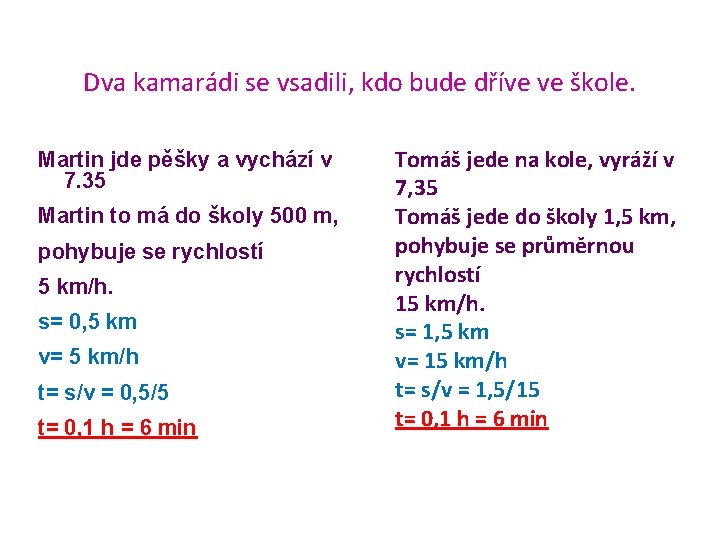 Dva kamarádi se vsadili, kdo bude dříve ve škole. Martin jde pěšky a vychází