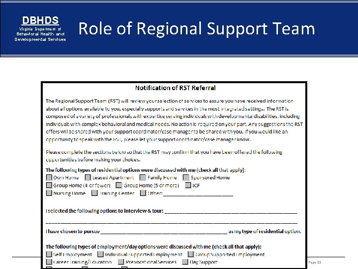 DBHDS Virginia Department of Behavioral Health and Developmental Services Role of Regional Support Team