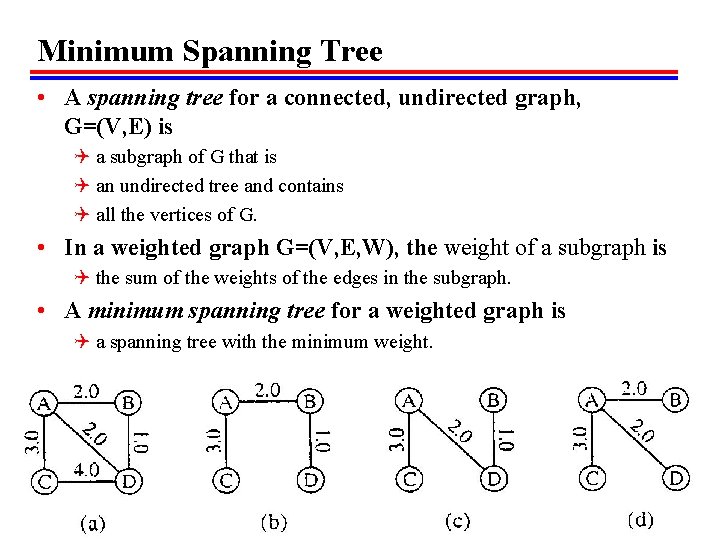Minimum Spanning Tree • A spanning tree for a connected, undirected graph, G=(V, E)