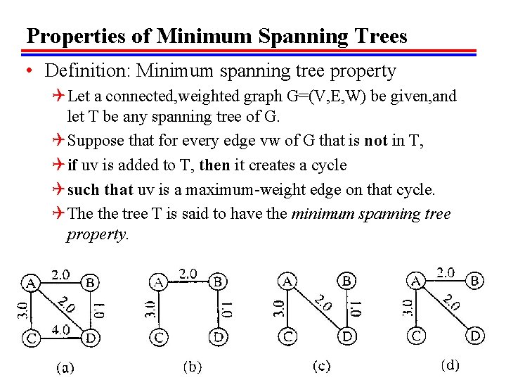 Properties of Minimum Spanning Trees • Definition: Minimum spanning tree property Q Let a