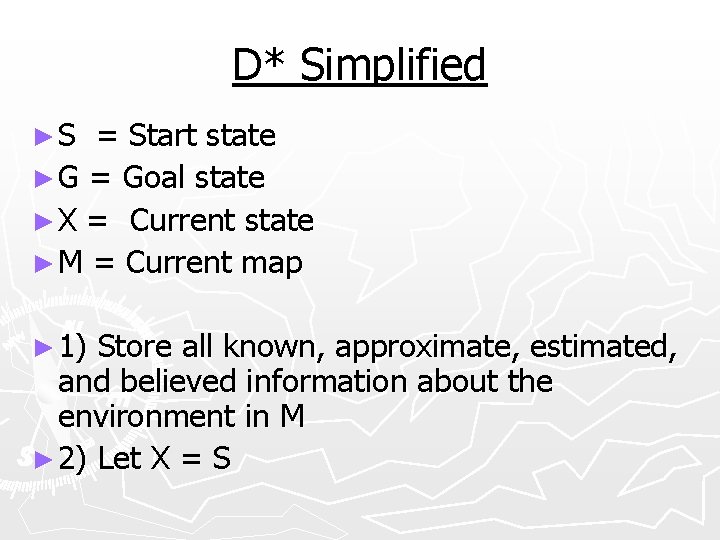 D* Simplified ►S = Start state ► G = Goal state ► X =