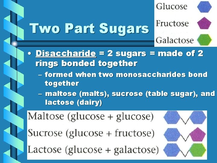 Two Part Sugars • Disaccharide = 2 sugars = made of 2 rings bonded Two Part Sugars • Disaccharide = 2 sugars = made of 2 rings bonded