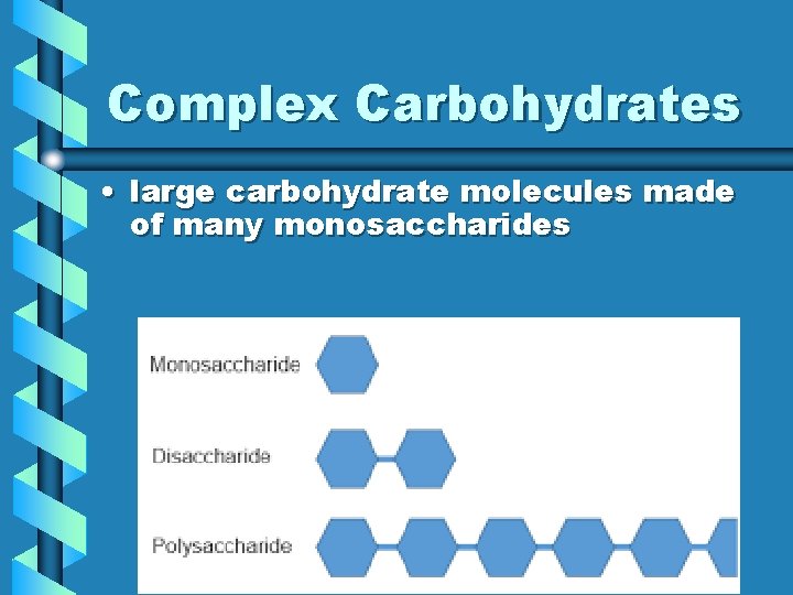 Complex Carbohydrates • large carbohydrate molecules made of many monosaccharides Complex Carbohydrates • large carbohydrate molecules made of many monosaccharides