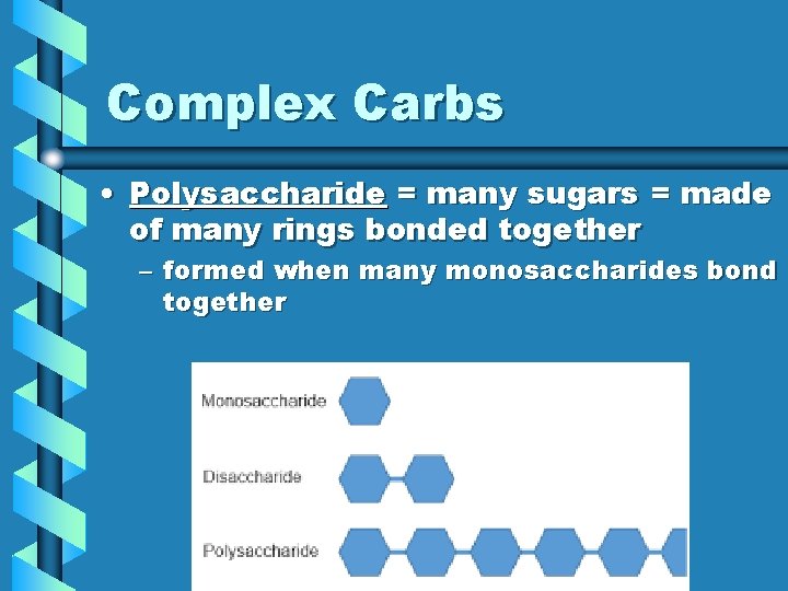 Complex Carbs • Polysaccharide = many sugars = made of many rings bonded together