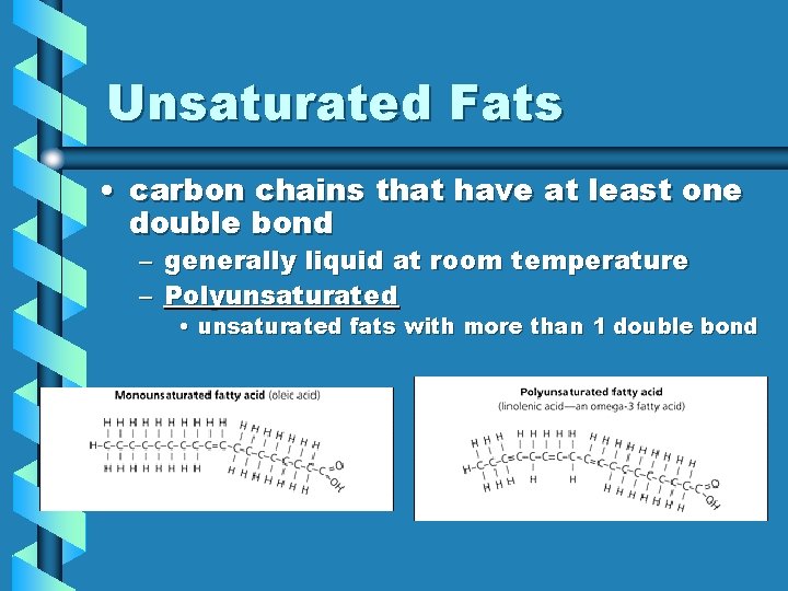 Unsaturated Fats • carbon chains that have at least one double bond – generally Unsaturated Fats • carbon chains that have at least one double bond – generally