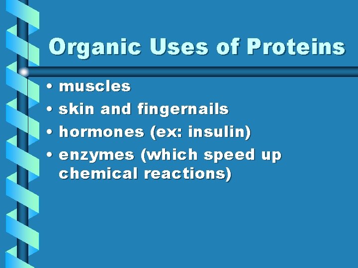 Organic Uses of Proteins • muscles • skin and fingernails • hormones (ex: insulin) Organic Uses of Proteins • muscles • skin and fingernails • hormones (ex: insulin)