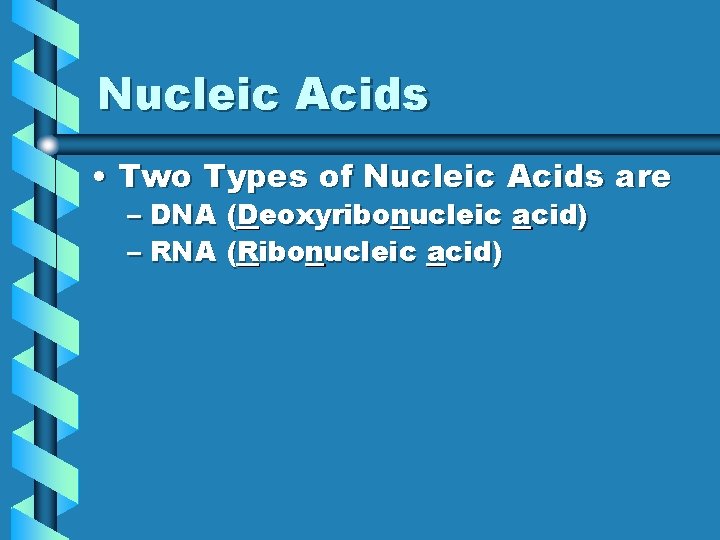 Nucleic Acids • Two Types of Nucleic Acids are – DNA (Deoxyribonucleic acid) –