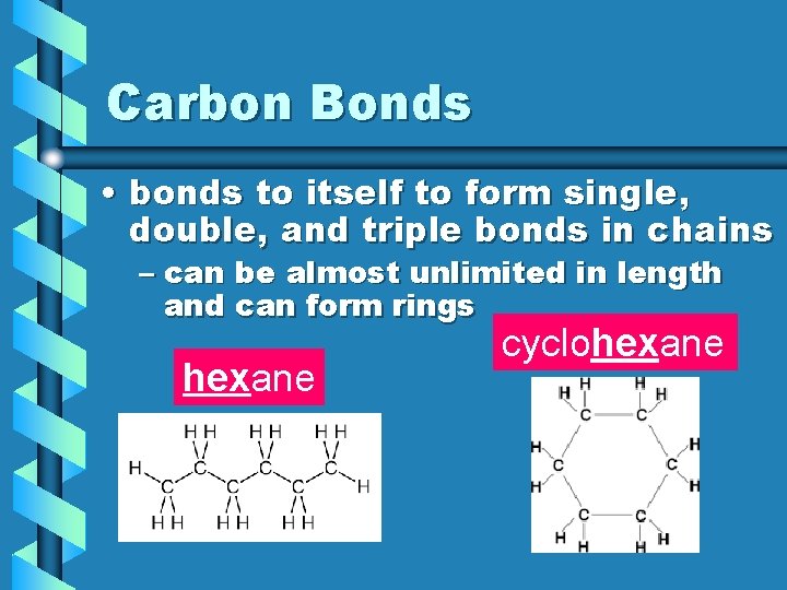 Carbon Bonds • bonds to itself to form single, double, and triple bonds in