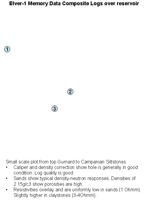 Elver-1 Memory Data Composite Logs over reservoir 1 2 3 Small scale plot from