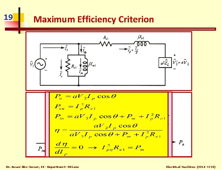 19 Maximum Efficiency Criterion Core Losses (eddy-current and hysteresis) are constant and called fixed